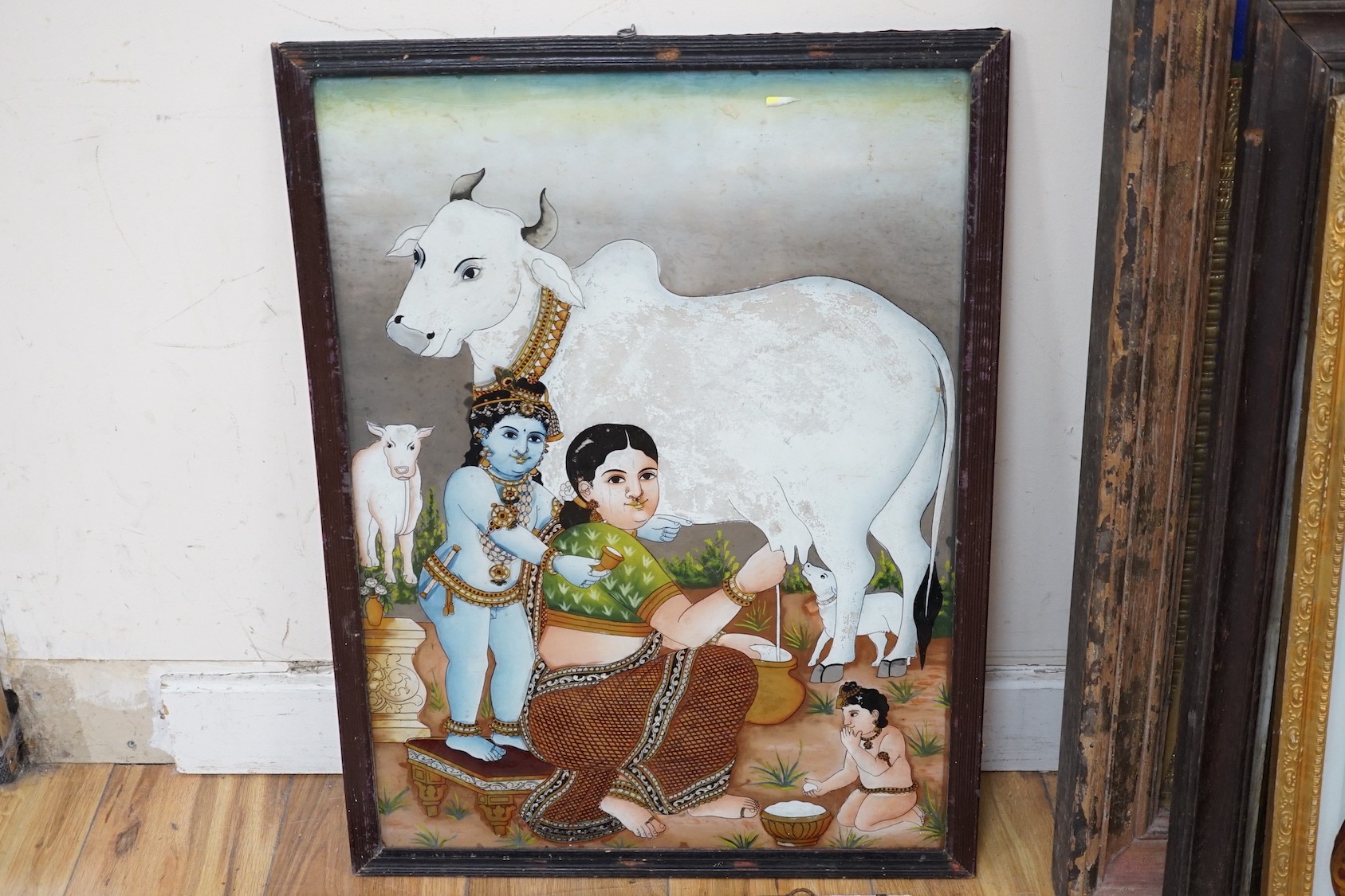 Indian School c.1900, five reverse paintings on glass, Nobles, deities and other figures, largest 59 x 44cm